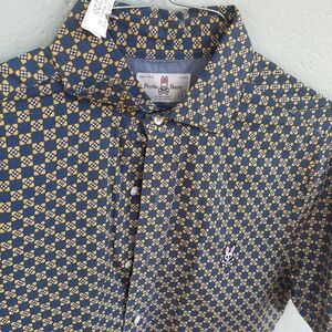 Psycho Bunny Men's Blue and Yellow Patterned short sleeve summer dress Shirt